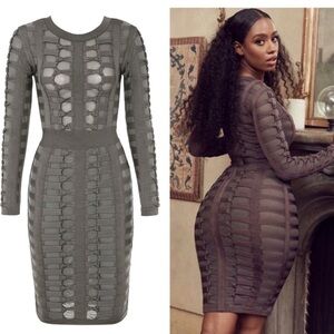 HOUSE OF CB Lola Brown Sheer Bodycon Bandage Woven Long Sleeve Dress Extra Small